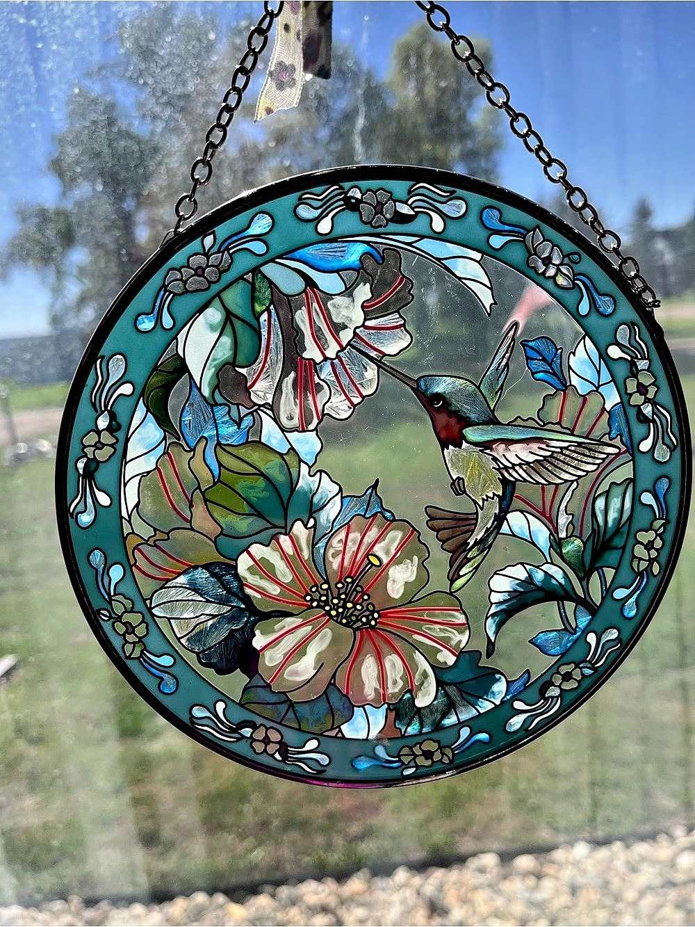Vintage Hand-Painted Glass Hummingbird & Hibiscus Window Suncatcher